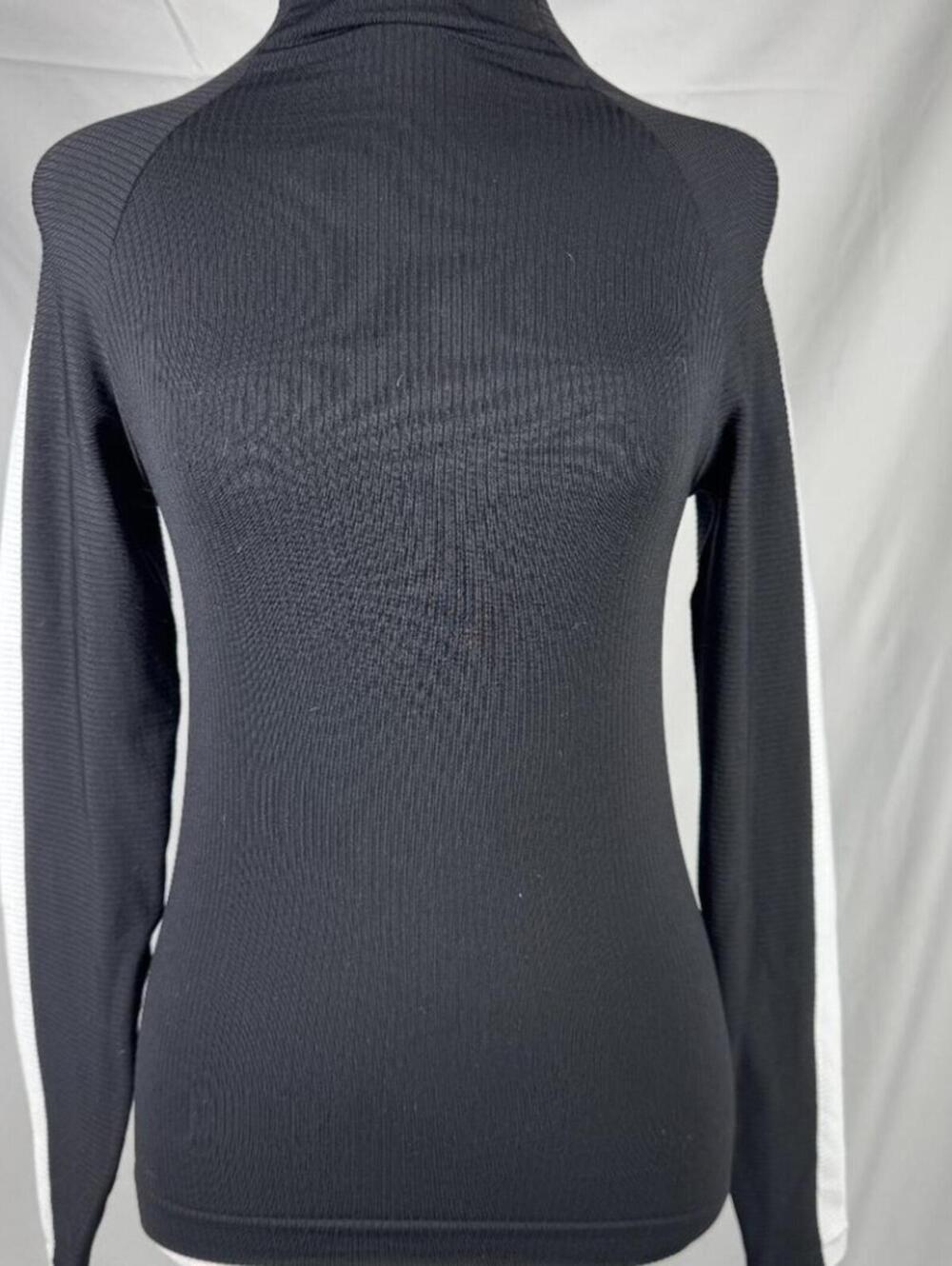 Athleta Renew Seamless Mock Neck Top Black Long sleeve white stripe